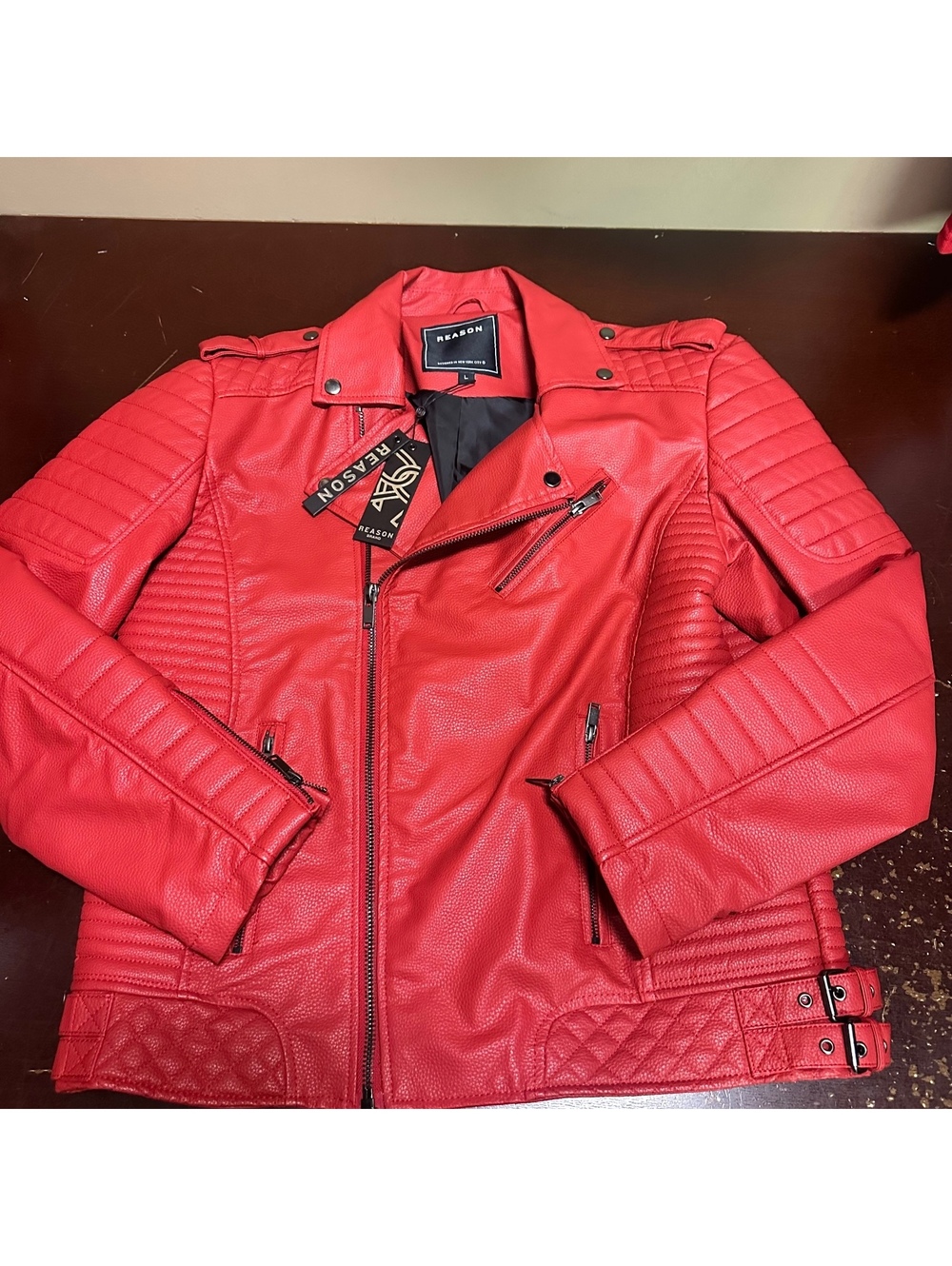 Reason, clothing, red faux, leather motorcycle jacket large